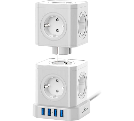 Сетевой фильтр Cablexpert Tower 9р, 16А, 4хUSB, 3.1А, 2м, ур.защиты 4+, белый, коробка, TWR-9-U4-W-2