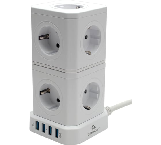 Сетевой фильтр Cablexpert Tower 9р, 16А, 4хUSB, 3.1А, 2м, ур.защиты 4+, белый, коробка, TWR-9-U4-W-2