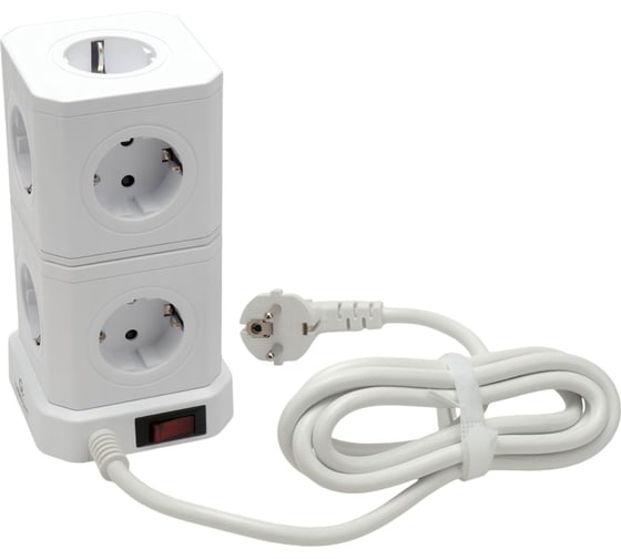 Сетевой фильтр Cablexpert Tower 9р, 16А, 4хUSB, 3.1А, 2м, ур.защиты 4+, белый, коробка, TWR-9-U4-W-2
