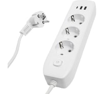 Удлинитель STEKKER 3-местный c/з 3x1 мм2, 1,8 м, 250В, 10А, 2USB+1Type-C 2,4А, серия Home, белый HM08-33-02, 49970