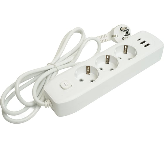 Удлинитель STEKKER 3-местный c/з 3x1 мм2, 1,8 м, 250В, 10А, 2USB+1Type-C 2,4А, серия Home, белый HM08-33-02, 49970