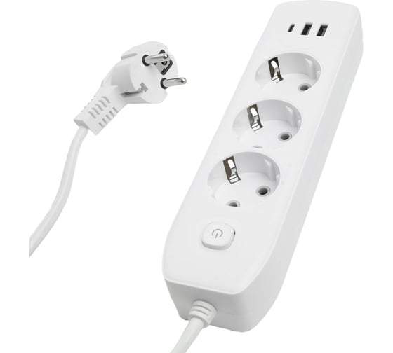 Удлинитель STEKKER 3-местный c/з 3x1 мм2, 1,8 м, 250В, 10А, 2USB+1Type-C 2,4А, серия Home, белый HM08-33-02, 49970