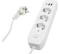 Удлинитель STEKKER 3-местный c/з 3x1 мм2, 3 м, 250В, 10А, 2USB+1Type-C 2,4А, серия Home, белый HM08-33-02, 49977
