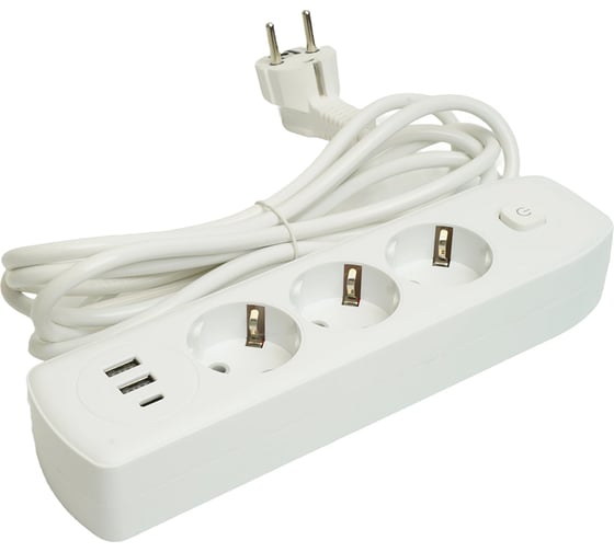 Удлинитель STEKKER 3-местный c/з 3x1 мм2, 3 м, 250В, 10А, 2USB+1Type-C 2,4А, серия Home, белый HM08-33-02, 49977