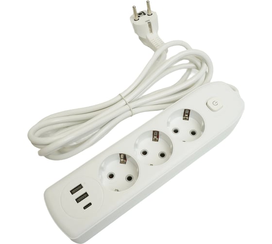Удлинитель STEKKER 3-местный c/з 3x1 мм2, 3 м, 250В, 10А, 2USB+1Type-C 2,4А, серия Home, белый HM08-33-02, 49977