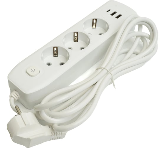 Удлинитель STEKKER 3-местный c/з 3x1 мм2, 3 м, 250В, 10А, 2USB+1Type-C 2,4А, серия Home, белый HM08-33-02, 49977