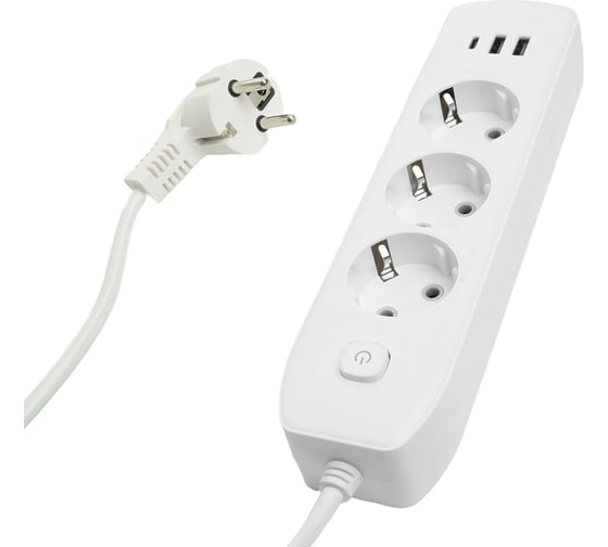 Удлинитель STEKKER 3-местный c/з 3x1 мм2, 3 м, 250В, 10А, 2USB+1Type-C 2,4А, серия Home, белый HM08-33-02, 49977