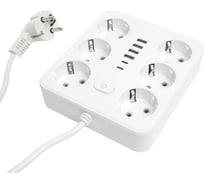 Удлинитель STEKKER 6-местный c/з 3x1 мм2, 3 м, 250В, 10А, 4USB+2Type-C 2,4А, серия Home, белый HM09-66-02, 49982