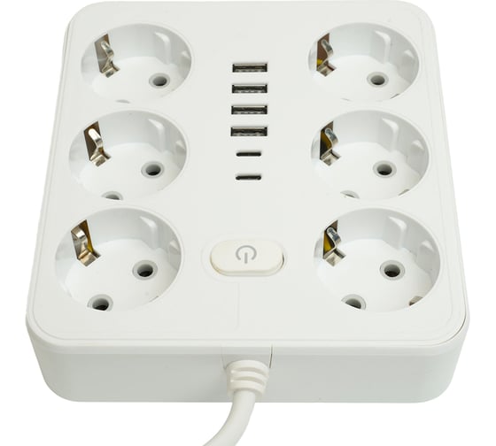 Удлинитель STEKKER 6-местный c/з 3x1 мм2, 3 м, 250В, 10А, 4USB+2Type-C 2,4А, серия Home, белый HM09-66-02, 49982