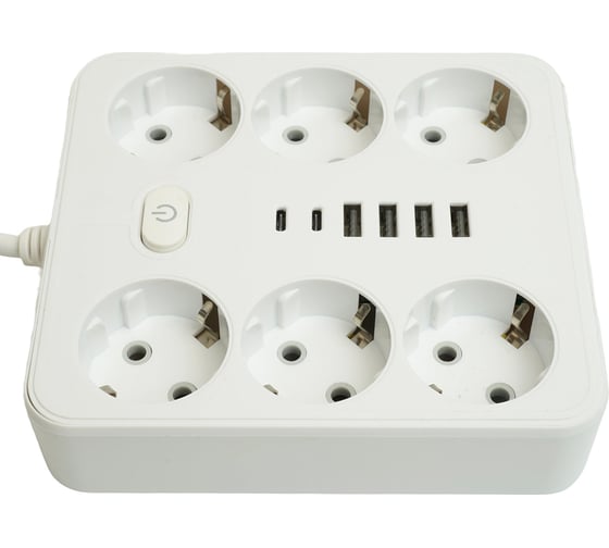 Удлинитель STEKKER 6-местный c/з 3x1 мм2, 3 м, 250В, 10А, 4USB+2Type-C 2,4А, серия Home, белый HM09-66-02, 49982