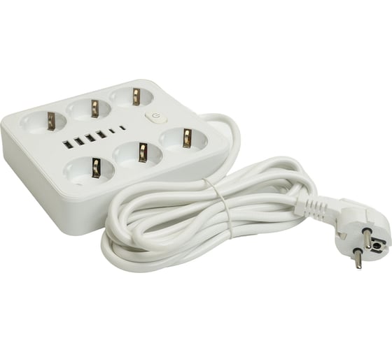 Удлинитель STEKKER 6-местный c/з 3x1 мм2, 3 м, 250В, 10А, 4USB+2Type-C 2,4А, серия Home, белый HM09-66-02, 49982