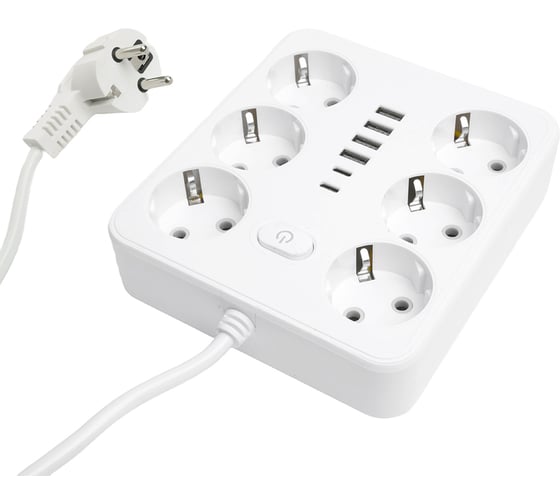 Удлинитель STEKKER 6-местный c/з 3x1 мм2, 3 м, 250В, 10А, 4USB+2Type-C 2,4А, серия Home, белый HM09-66-02, 49982