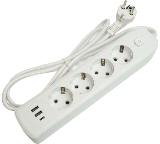Удлинитель STEKKER 4-местный c/з 3x1 мм2, 1,8 м, 250В, 10А, 2USB+1Type-C 2,4А, серия Home, белый HM08-43-02, 49971