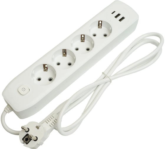 Удлинитель STEKKER 4-местный c/з 3x1 мм2, 1,8 м, 250В, 10А, 2USB+1Type-C 2,4А, серия Home, белый HM08-43-02, 49971