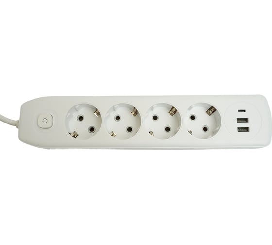 Удлинитель STEKKER 4-местный c/з 3x1 мм2, 1,8 м, 250В, 10А, 2USB+1Type-C 2,4А, серия Home, белый HM08-43-02, 49971