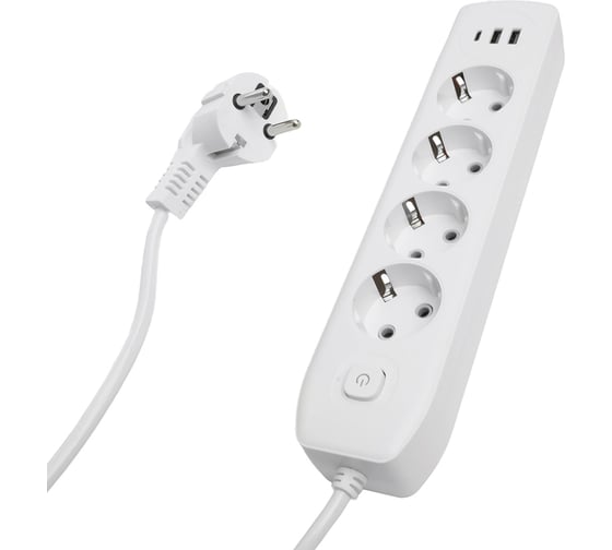 Удлинитель STEKKER 4-местный c/з 3x1 мм2, 1,8 м, 250В, 10А, 2USB+1Type-C 2,4А, серия Home, белый HM08-43-02, 49971
