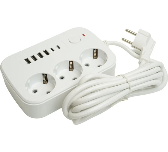 Удлинитель STEKKER 3-местный c/з 3x1 мм2, 3 м, 250В, 10А, 4USB+2Type-C 2,4А, серия Home, белый HM09-36-02, 49979