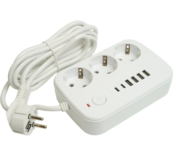 Удлинитель STEKKER 3-местный c/з 3x1 мм2, 3 м, 250В, 10А, 4USB+2Type-C 2,4А, серия Home, белый HM09-36-02, 49979
