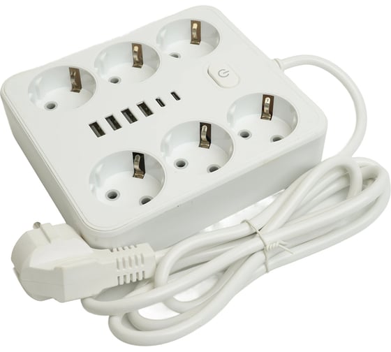 Удлинитель STEKKER 6-местный c/з 3x1 мм2, 1,8 м, 250В, 10А, 4USB+2Type-C 2,4А, серия Home, белый HM09-66-02, 49975