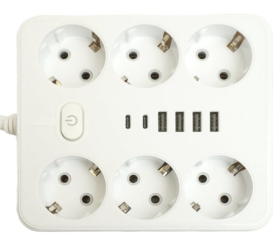 Удлинитель STEKKER 6-местный c/з 3x1 мм2, 1,8 м, 250В, 10А, 4USB+2Type-C 2,4А, серия Home, белый HM09-66-02, 49975