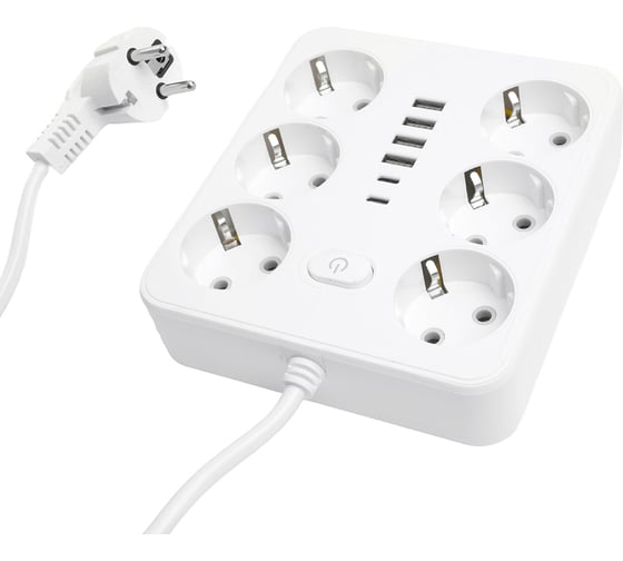 Удлинитель STEKKER 6-местный c/з 3x1 мм2, 1,8 м, 250В, 10А, 4USB+2Type-C 2,4А, серия Home, белый HM09-66-02, 49975