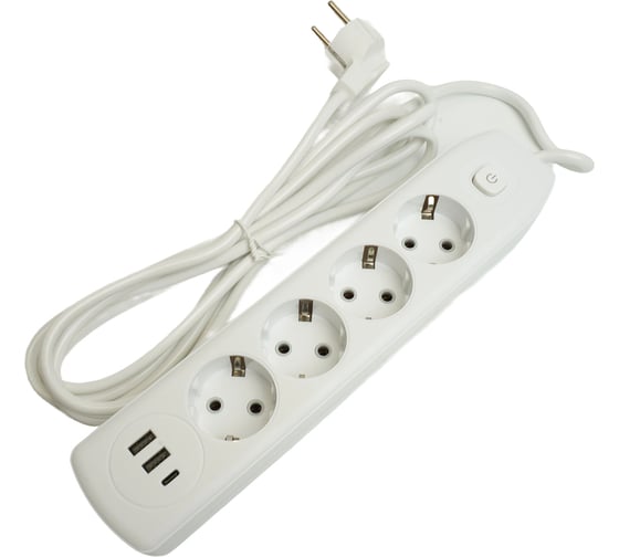 Удлинитель STEKKER 4-местный c/з 3x1 мм2, 3 м, 250В, 10А, 2USB+1Type-C 2,4А, серия Home, белый HM08-43-02, 49978