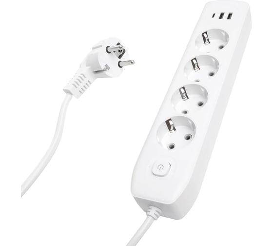 Удлинитель STEKKER 4-местный c/з 3x1 мм2, 3 м, 250В, 10А, 2USB+1Type-C 2,4А, серия Home, белый HM08-43-02, 49978