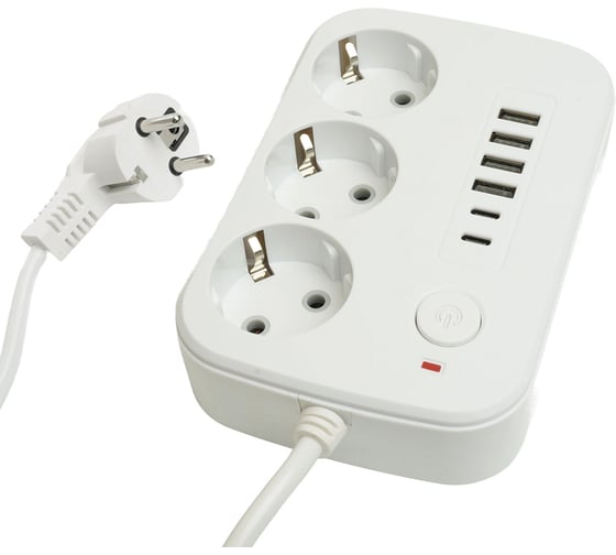 Удлинитель STEKKER 3-местный c/з 3x1 мм2, 1,8 м, 250В, 10А, 4USB+2Type-C 2,4А, серия Home, белый HM09-36-02, 49972 1