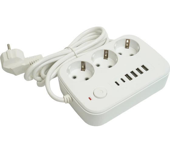 Удлинитель STEKKER 3-местный c/з 3x1 мм2, 1,8 м, 250В, 10А, 4USB+2Type-C 2,4А, серия Home, белый HM09-36-02, 49972