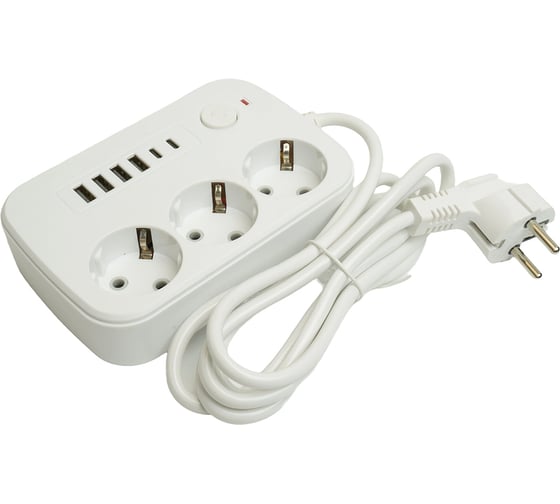 Удлинитель STEKKER 3-местный c/з 3x1 мм2, 1,8 м, 250В, 10А, 4USB+2Type-C 2,4А, серия Home, белый HM09-36-02, 49972