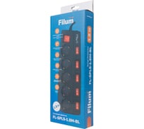 Сетевой фильтр Filum 2500 Вт., 5 розеток, защитные шторки, инд. выключатели, шнур 1.8 м., черный FL-SPL5-1.8M-BL