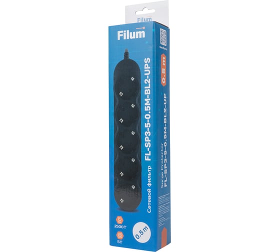 Сетевой фильтр Filum 2200 Вт., 5 розеток, шнур 0.5 м. с вилкой IEC60320 C14, черный FL-SP3-5-0.5M-BL2-UPS