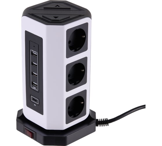 Удлинитель сетевой фильтр idealim 2 метра с USB и Type С тройник Tower-9r-4usb-1typeC-2M-wb
