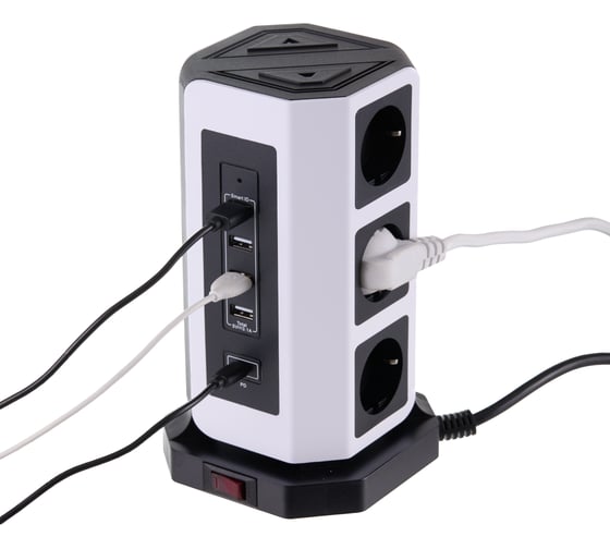 Удлинитель сетевой фильтр idealim 2 метра с USB и Type С тройник Tower-9r-4usb-1typeC-2M-wb