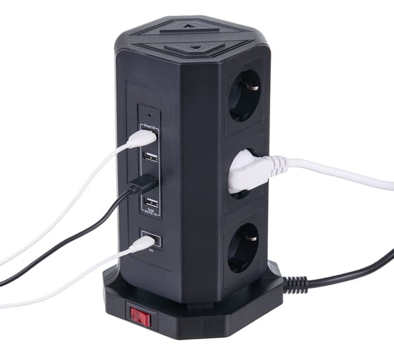 Удлинитель сетевой фильтр idealim 2 метра с USB и Type С тройник Tower-9r-4usb-1typeC-2M-black