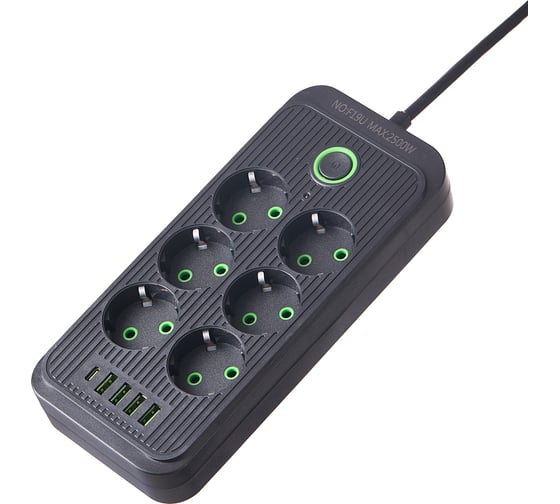 Удлинитель электрический сетевой фильтр idealim 1,8 м с USB и Type C MultiAdapter-6r-4usb-1typeC-1,8М-black