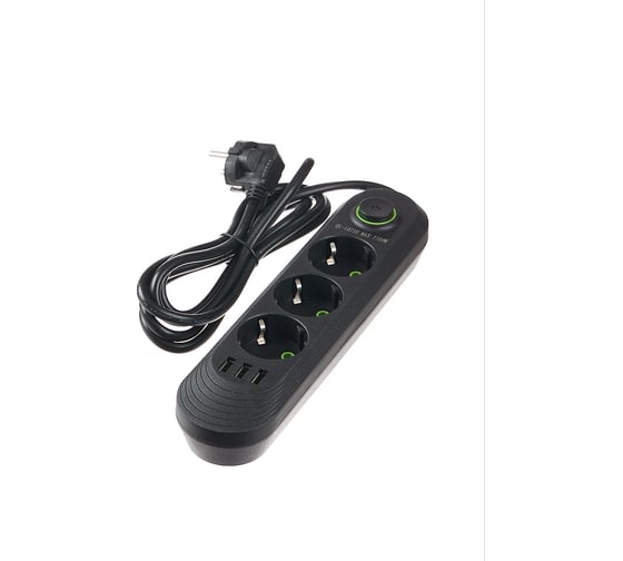 Удлинитель idealim 2 м, сетевой фильтр, с USB, с заземлением, переноска Multi-Ryad-3r-3usb-2М-black