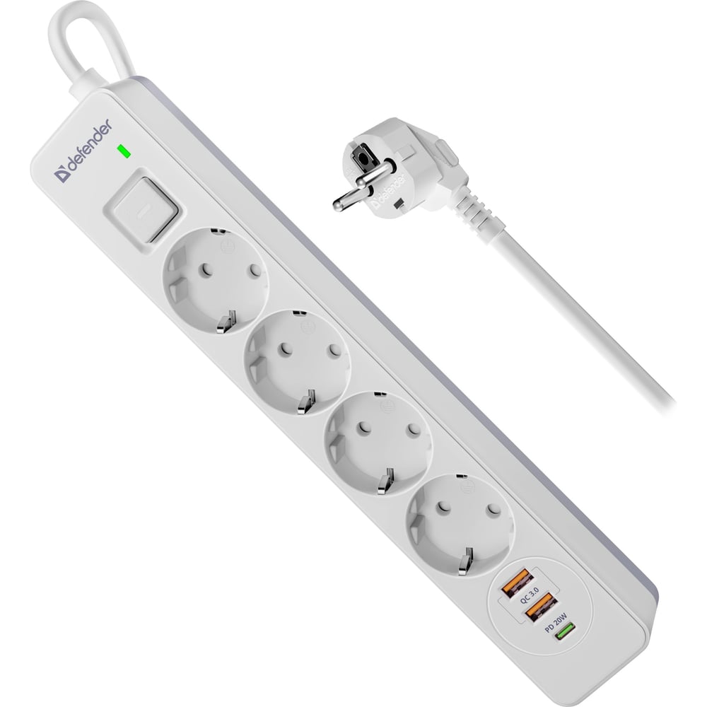 Удлинитель с сетевым фильтром Defender DFS 145 5 м, белый, 4 розетки ...