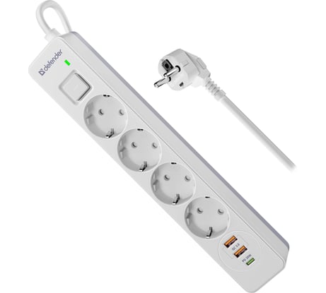 Удлинитель с сетевым фильтром Defender DFS 145 5 м, белый, 4 розетки, USB+Type C 99435