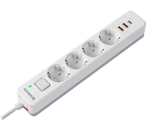 Удлинитель с сетевым фильтром Defender DFS 145 5 м, белый, 4 розетки, USB+Type C 99435