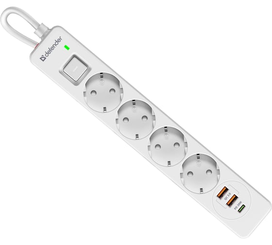 Удлинитель с сетевым фильтром Defender DFS 145 5 м, белый, 4 розетки, USB+Type C 99435
