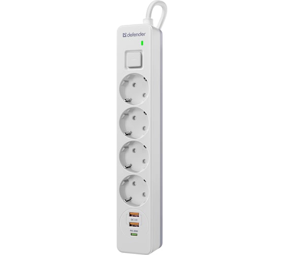 Удлинитель с сетевым фильтром Defender DFS 145 5 м, белый, 4 розетки, USB+Type C 99435