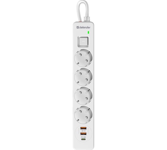 Удлинитель с сетевым фильтром Defender DFS 145 5 м, белый, 4 розетки, USB+Type C 99435