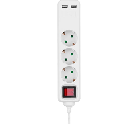 Удлинитель сетевой TDM ELECTRIC 3 розетки, 2 USB 2,4А 1,5 м, с выключателем, ПВС 3х0,75 мм2 10А 250В белый SQ1303-0303