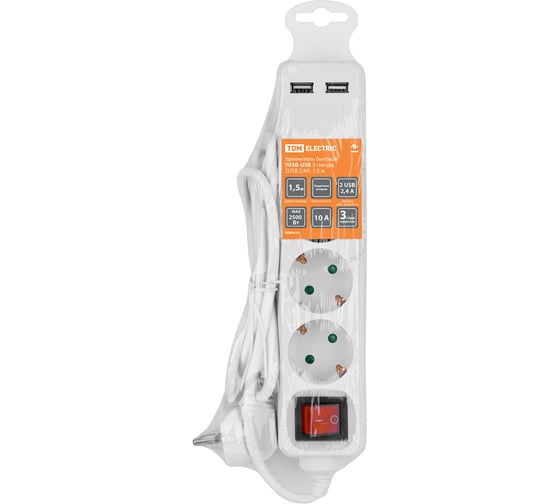 Удлинитель сетевой TDM ELECTRIC 3 розетки, 2 USB 2,4А 1,5 м, с выключателем, ПВС 3х0,75 мм2 10А 250В белый SQ1303-0303