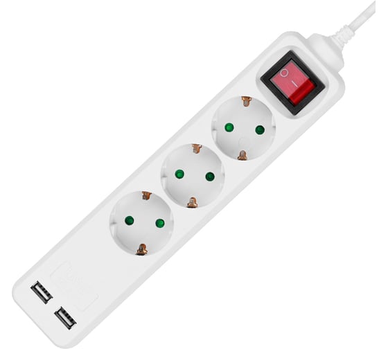 Удлинитель сетевой TDM ELECTRIC 3 розетки, 2 USB 2,4А, 3 м, с выключателем, з/к, ПВС 3х0,75 мм2 10А 250В белый SQ1303-0304