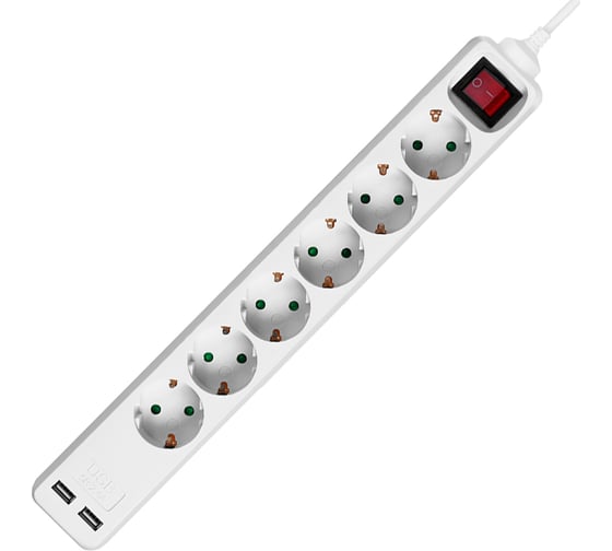 Удлинитель сетевой TDM ELECTRIC 6 розеток 2 USB 24А 15 м с выключателем з/к ПВС 3х075 мм2 10А 250В белый SQ1303-0306