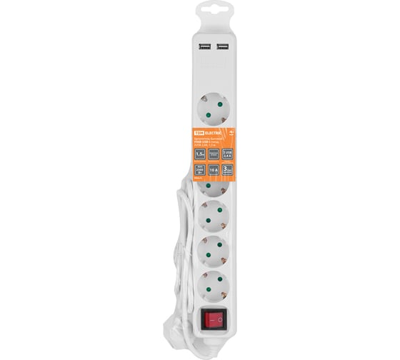 Удлинитель сетевой TDM ELECTRIC 6 розеток 2 USB 24А 15 м с выключателем з/к ПВС 3х075 мм2 10А 250В белый SQ1303-0306