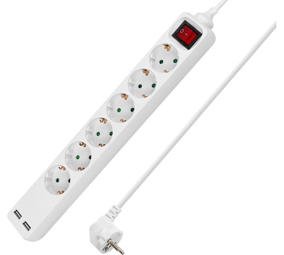 Удлинитель бытовой TDM ELECTRIC У06В-USB 6 гнезд, 2USB 2,4А, 3 м, вык., з/к, ПВС 3х0,75мм2 10А/250В белый TDM SQ1303-0307 1