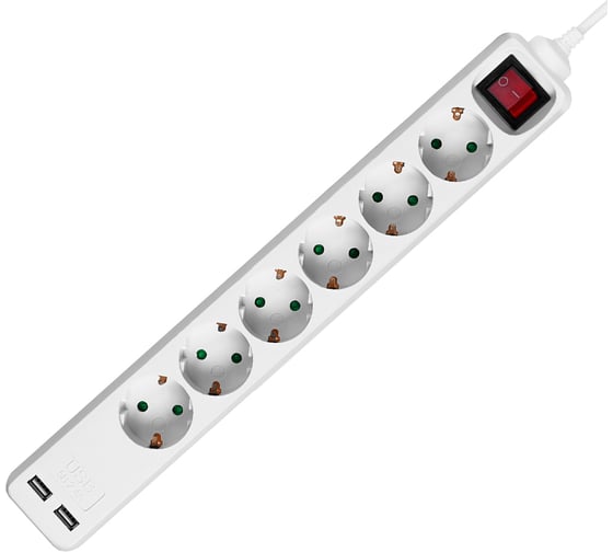 Удлинитель сетевой TDM ELECTRIC 6 розеток, 2 USB 2,4А, 3 м, с выключателем, з/к, ПВС 3х0,75 мм2 10А 250В белый SQ1303-0307